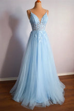 Sky Blue Light Sky Spaghetti Strap Corset Criss Cross Back A-Line Prom Dress