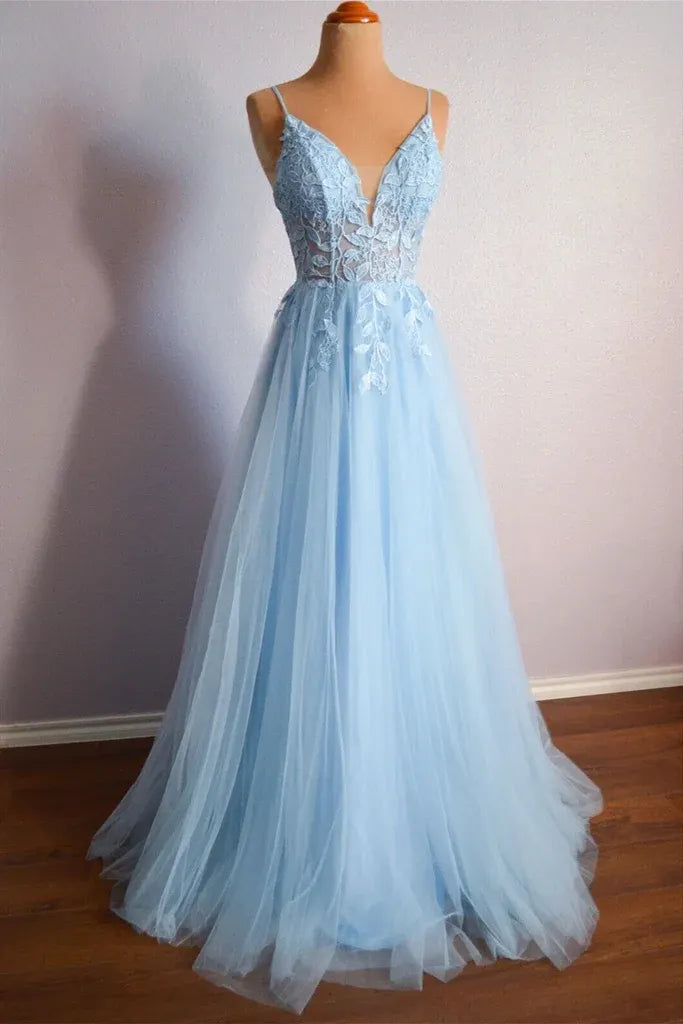 Sky Blue Light Sky Spaghetti Strap Corset Criss Cross Back A-Line Prom Dress