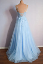 Sky Blue Light Sky Spaghetti Strap Corset Criss Cross Back A-Line Prom Dress