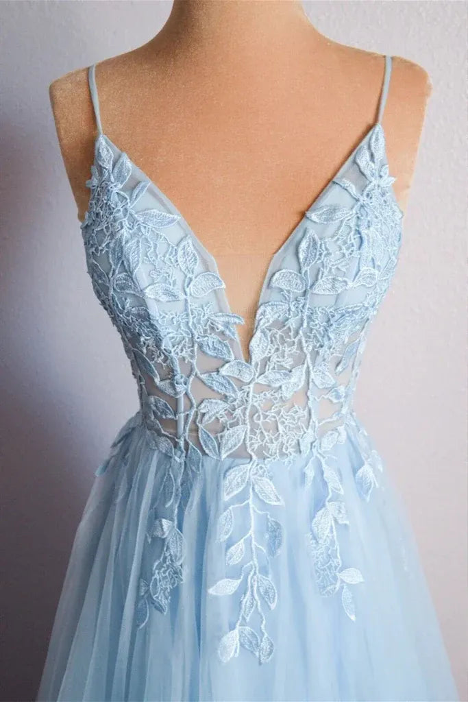 Sky Blue Light Sky Spaghetti Strap Corset Criss Cross Back A-Line Prom Dress