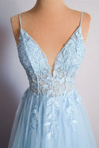 Sky Blue Light Sky Spaghetti Strap Corset Criss Cross Back A-Line Prom Dress