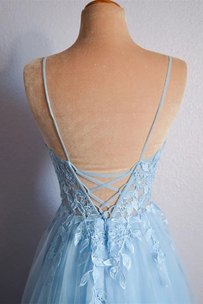 Sky Blue Light Sky Spaghetti Strap Corset Criss Cross Back A-Line Prom Dress