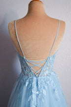 Sky Blue Light Sky Spaghetti Strap Corset Criss Cross Back A-Line Prom Dress