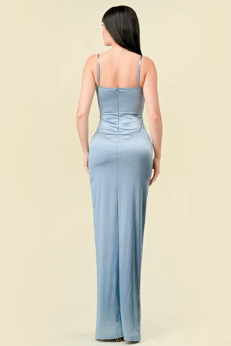 Light Blue Corset Maxi Dress with Side Slit Discount Floor Length Prom Dresses