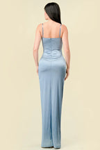 Light Blue Corset Maxi Dress with Side Slit Discount Floor Length Prom Dresses