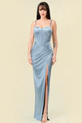 Light Blue Corset Maxi Dress with Side Slit Discount Floor Length Prom Dresses