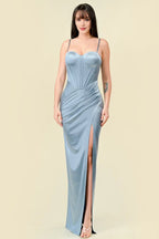 Light Blue Corset Maxi Dress with Side Slit Discount Floor Length Prom Dresses