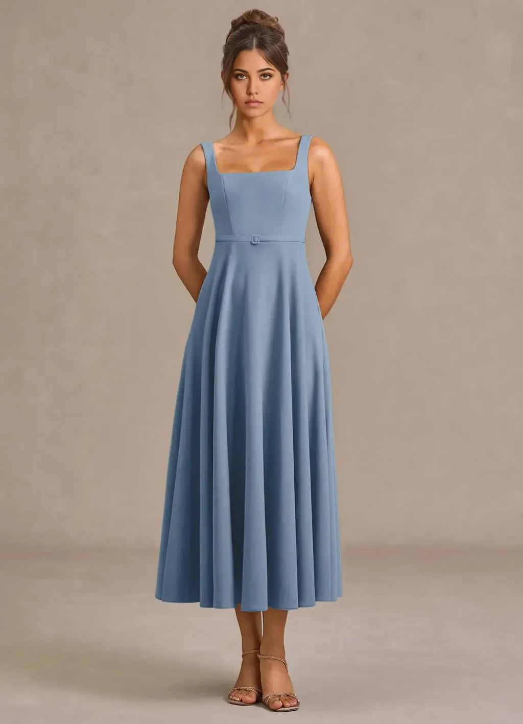 Light Fit and Flare Square Neck Sleeveless Square Back Midi Length For Ladies Prom Dress