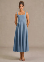 Light Fit and Flare Square Neck Sleeveless Square Back Midi Length For Ladies Prom Dress