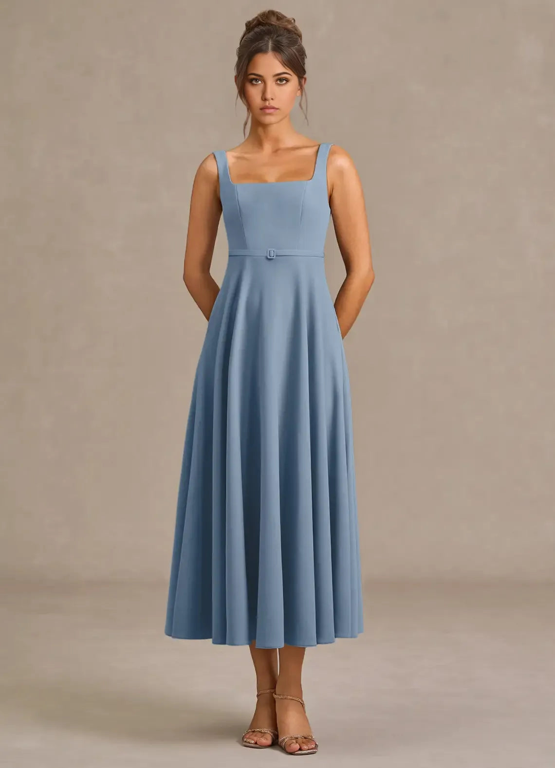 Light Fit and Flare Square Neck Sleeveless Square Back Midi Length For Ladies Prom Dress