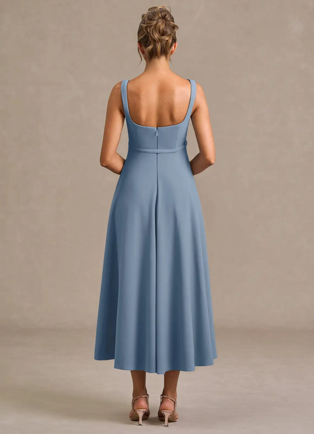 Light Fit and Flare Square Neck Sleeveless Square Back Midi Length For Ladies Prom Dress