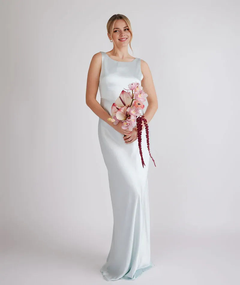 Dress Fashion Cowl Back Bridesmaid Dress Maxi Dress Solid Color Champagne Boat Neck Sleeveless Prom Dress