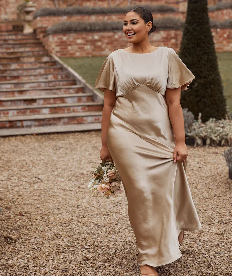 Dress Fashion Gathered Bust Bridesmaid Dress Maxi Dress Solid Color Champagne Flutter Sleeve Column Prom Dress