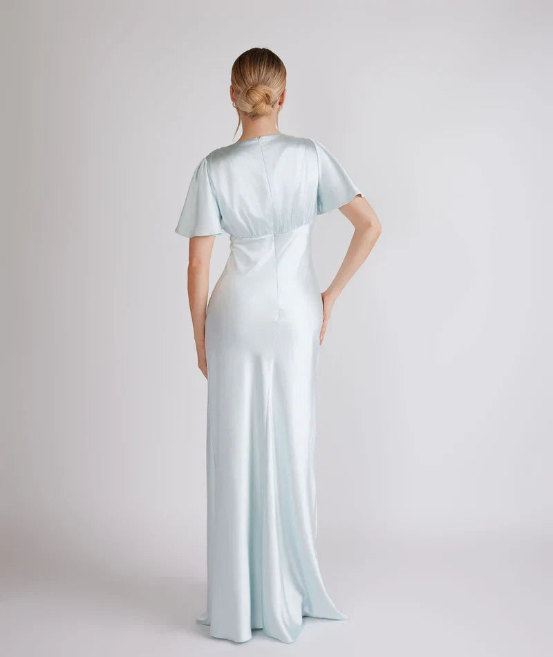 Dress Fashion Gathered Bust Bridesmaid Dress Maxi Dress Solid Color Champagne Flutter Sleeve Column Prom Dress