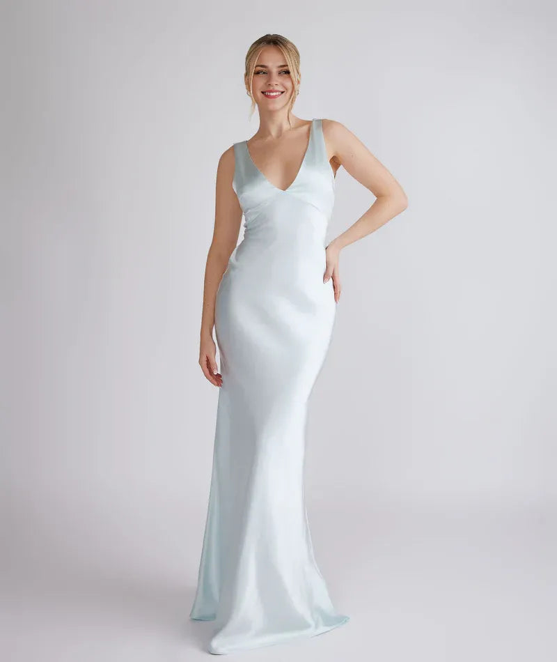 Dress Fashion Twist Back Bridesmaid Dress Maxi Dress Solid Color Champagne Deep V Neck Column Prom Dress