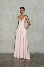 Light Pink Simple A Line Spaghetti Strap Satin Long Prom Dress Evening Dress