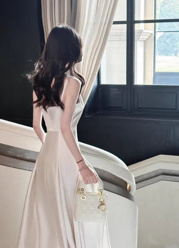 Light Pink Simple A Line Spaghetti Strap Satin Long Prom Dress Evening Dress