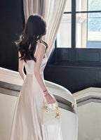 Light Pink Simple A Line Spaghetti Strap Satin Long Prom Dress Evening Dress