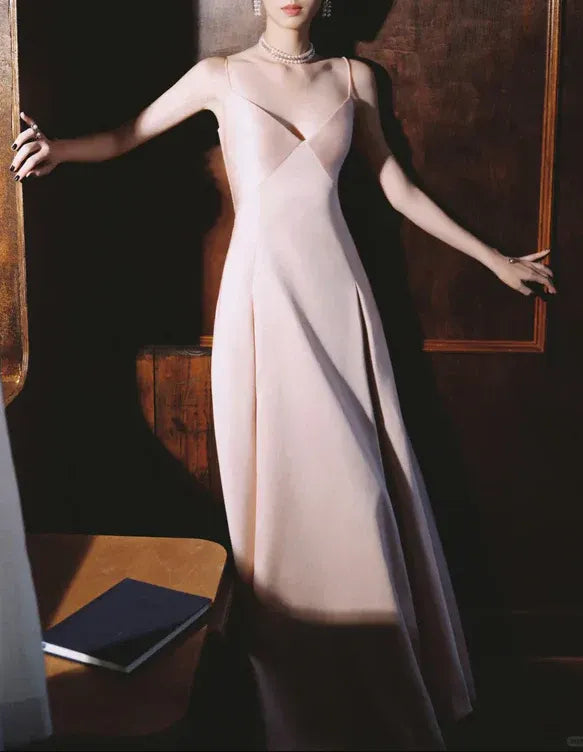 Light Pink Simple A Line Spaghetti Strap Satin Long Prom Dress Evening Dress