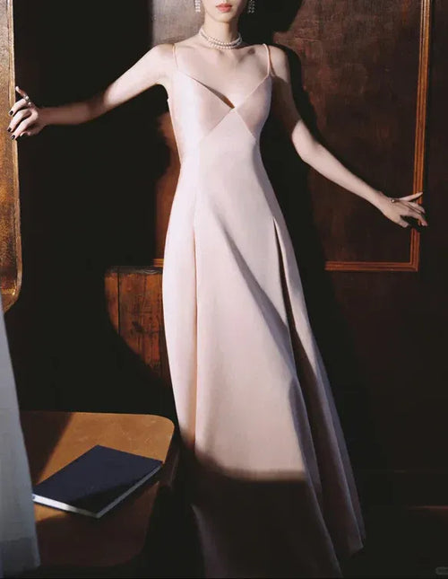 Light Pink Simple A Line Spaghetti Strap Satin Long Prom Dress Evening Dress