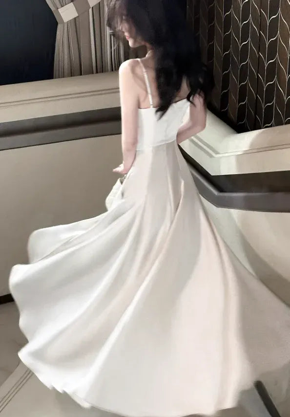 Light Pink Simple A Line Spaghetti Strap Satin Long Prom Dress Evening Dress