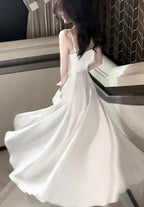 Light Pink Simple A Line Spaghetti Strap Satin Long Prom Dress Evening Dress