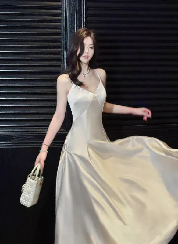 Light Pink Simple A Line Spaghetti Strap Satin Long Prom Dress Evening Dress