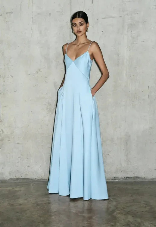 Light Pink Simple A Line Spaghetti Strap Satin Long Prom Dress Evening Dress