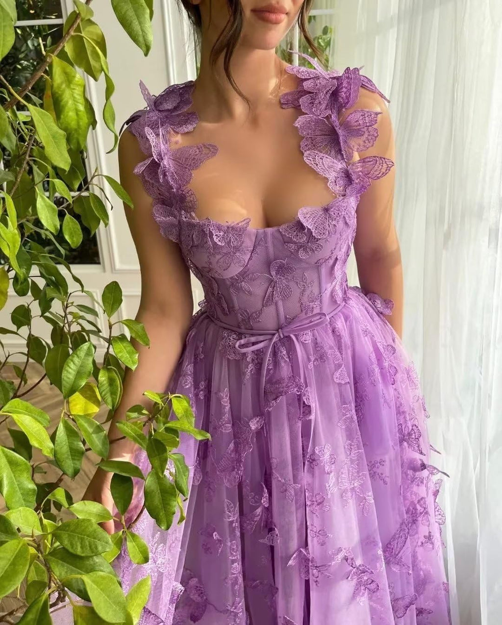 Long Tulle Prom Dress with 3D Butterflies Dress Ball Gown Evening Party Wedding Formal Dress Slit