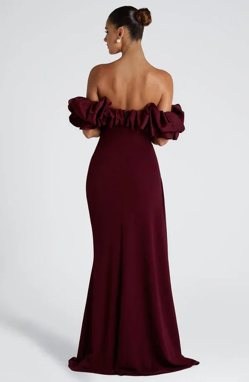 Robe de soirée sirène vive à épaules dénudées avec manches à volants et fermeture éclair au dos, longueur ras du sol, à vendre
