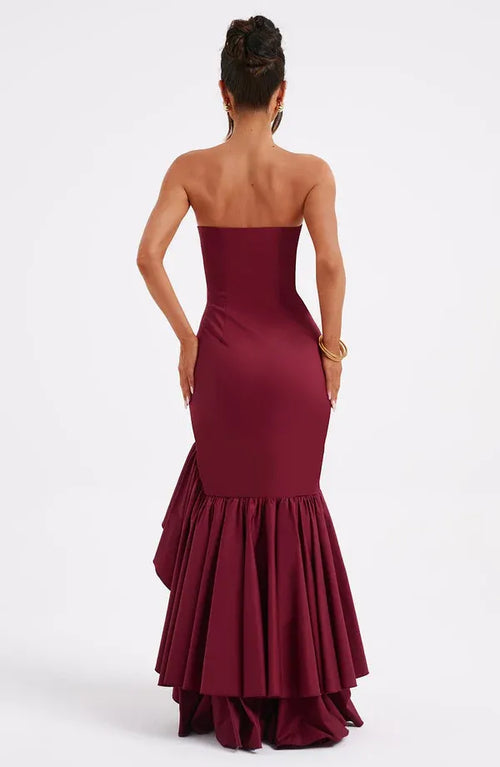 Robe de soirée longue sirène bustier à volants et dos ouvert
