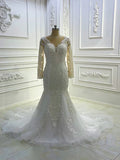 Elegant Long Sleeve V Neck Appique Mermaid Wedding Dresses