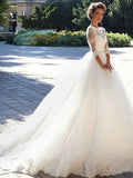 Bridal A Line Wedding Dress With Three Quarter Sleeve Boat Neck And Elegant Applique For Brides