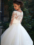 Bridal A Line Wedding Dress With Three Quarter Sleeve Boat Neck And Elegant Applique For Brides