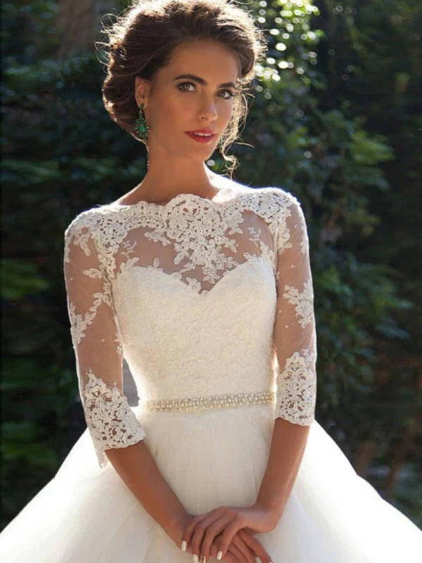 Bridal A Line Wedding Dress With Three Quarter Sleeve Boat Neck And Elegant Applique For Brides