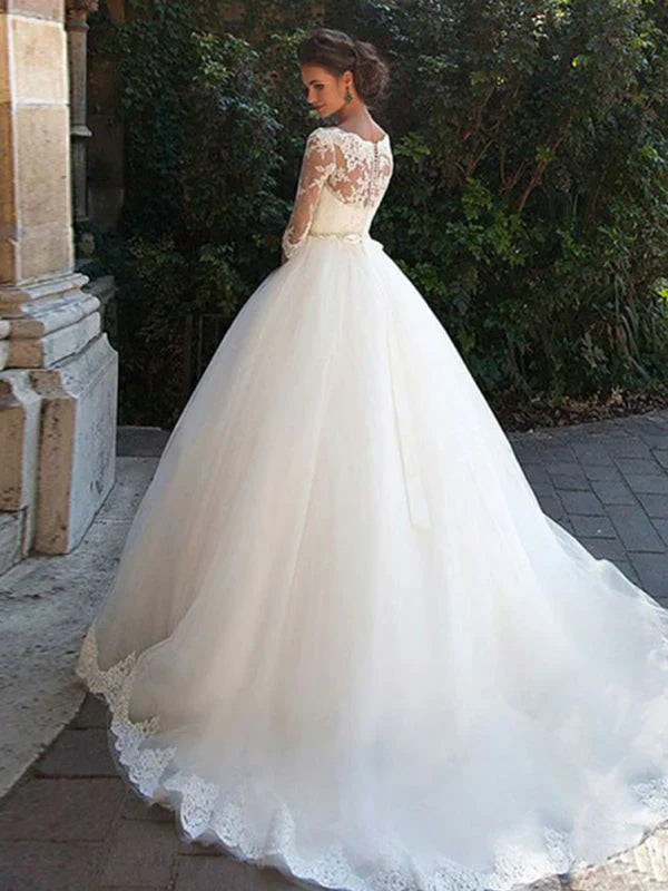 Bridal A Line Wedding Dress With Three Quarter Sleeve Boat Neck And Elegant Applique For Brides