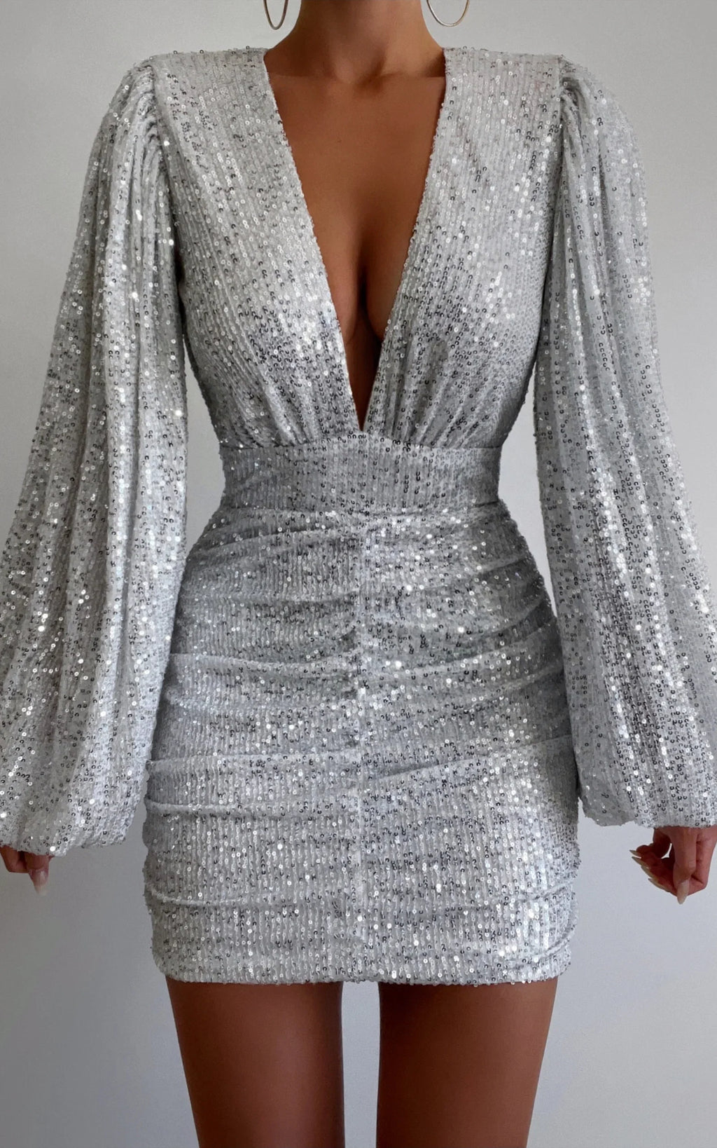 Silver Long Sleeve Ruched Knee-Length Dress Sheath Solid Color Fashion Sparkle & Shine Homecoming Dress