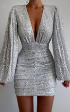 Silver Long Sleeve Ruched Knee-Length Dress Sheath Solid Color Fashion Sparkle & Shine Homecoming Dress