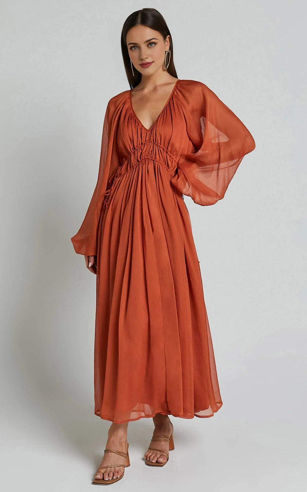 Rust Long Sleeve Ruched Waist Ankle-Length Dress Sheath Solid Color Modern V Neck Full Coverage Evening Dress