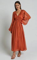Rust Long Sleeve Ruched Waist Ankle-Length Dress Sheath Solid Color Modern V Neck Full Coverage Evening Dress