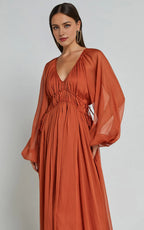 Rust Long Sleeve Ruched Waist Ankle-Length Dress Sheath Solid Color Modern V Neck Full Coverage Evening Dress