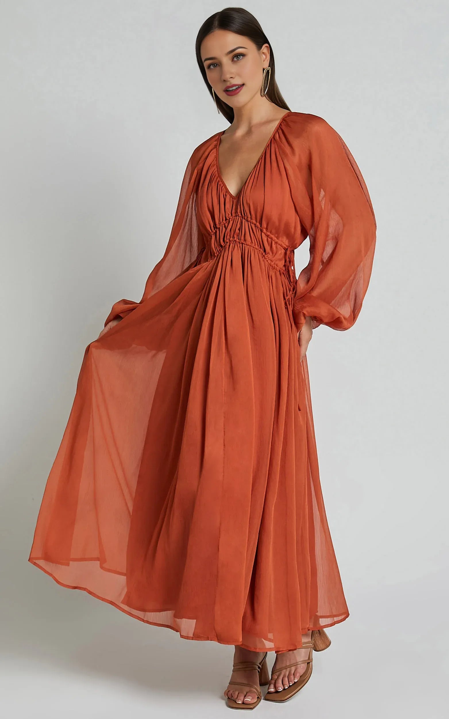 Rust Long Sleeve Ruched Waist Ankle-Length Dress Sheath Solid Color Modern V Neck Full Coverage Evening Dress