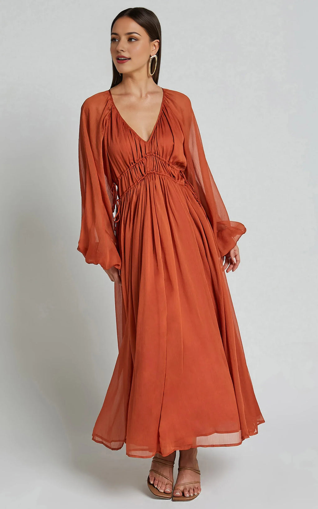Rust Long Sleeve Ruched Waist Ankle-Length Dress Sheath Solid Color Modern V Neck Full Coverage Evening Dress
