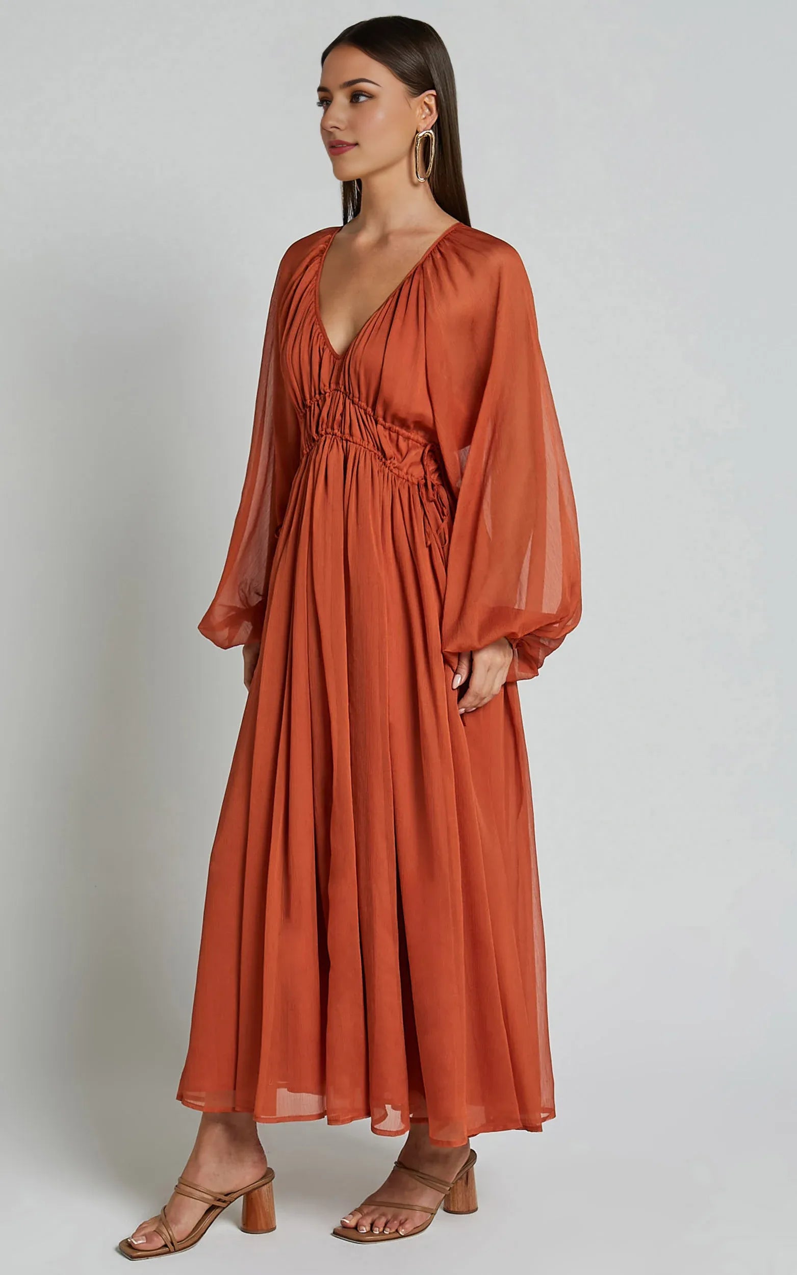 Rust Long Sleeve Ruched Waist Ankle-Length Dress Sheath Solid Color Modern V Neck Full Coverage Evening Dress