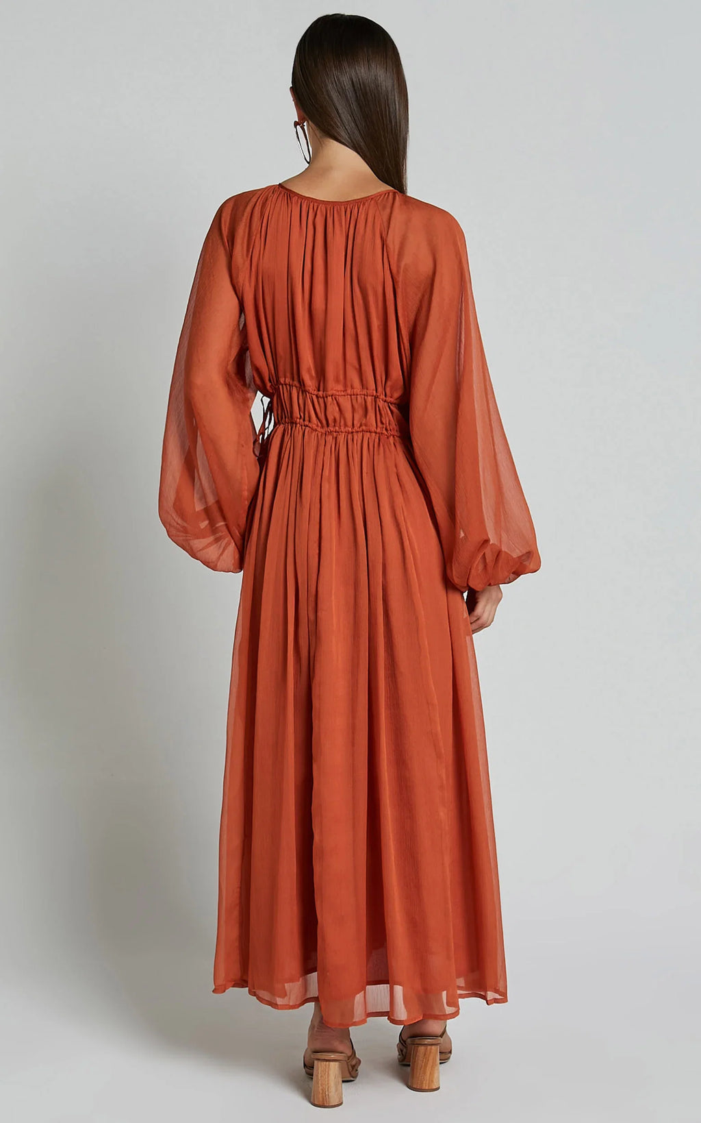 Rust Long Sleeve Ruched Waist Ankle-Length Dress Sheath Solid Color Modern V Neck Full Coverage Evening Dress