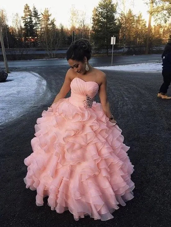 Ball-Gown Sweetheart Strapless Sleeveless Zipper Back Floor-Length Prom Ball Dress