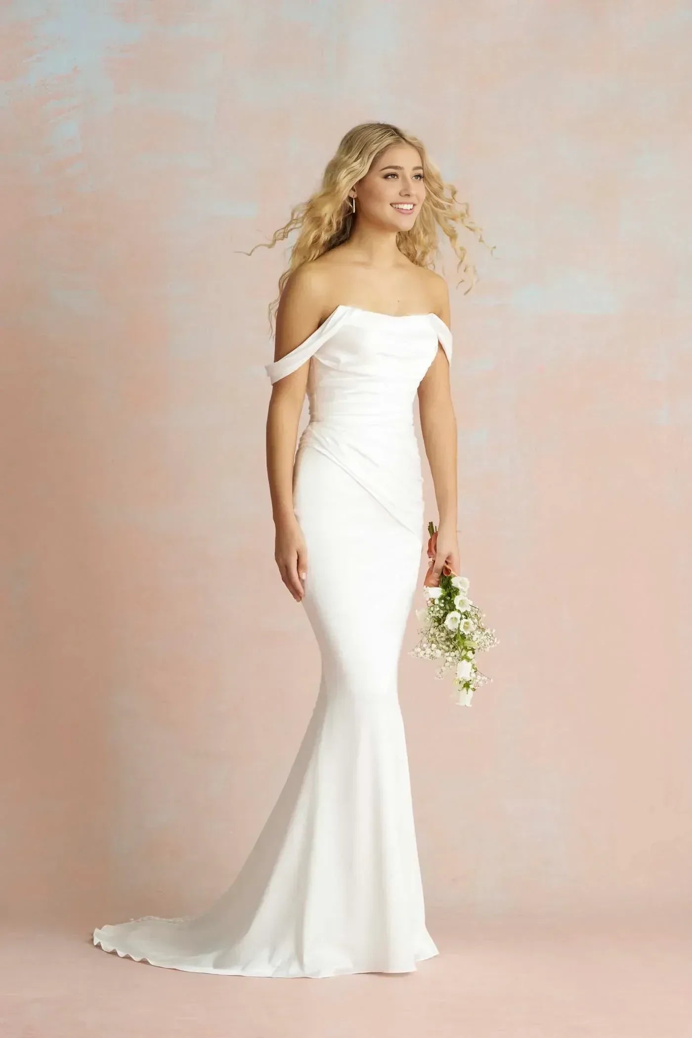 Lovely Trumpet Off Shoulder Short Sleeve Button Back Floor Length Wedding Dress