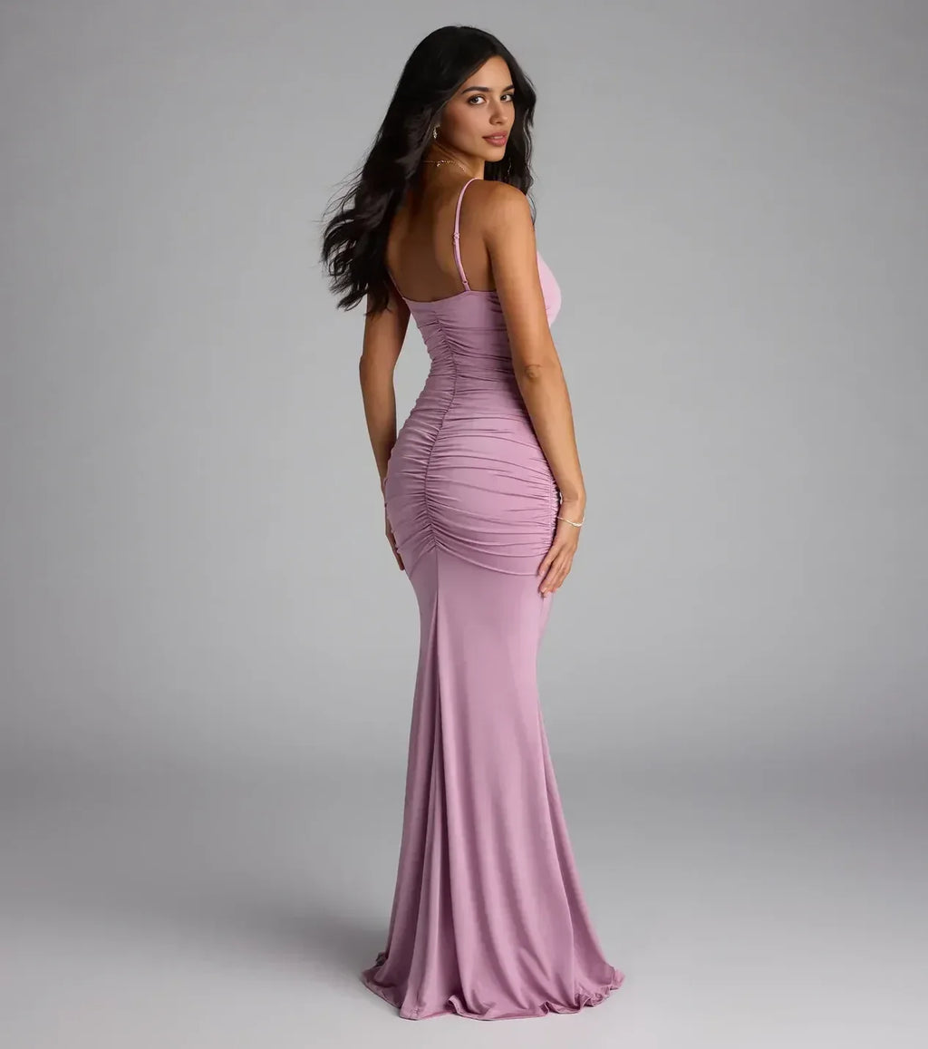 Lovely Trumpet V Neck Spaghetti Strap Ruched Back Floor Length Prom Dress