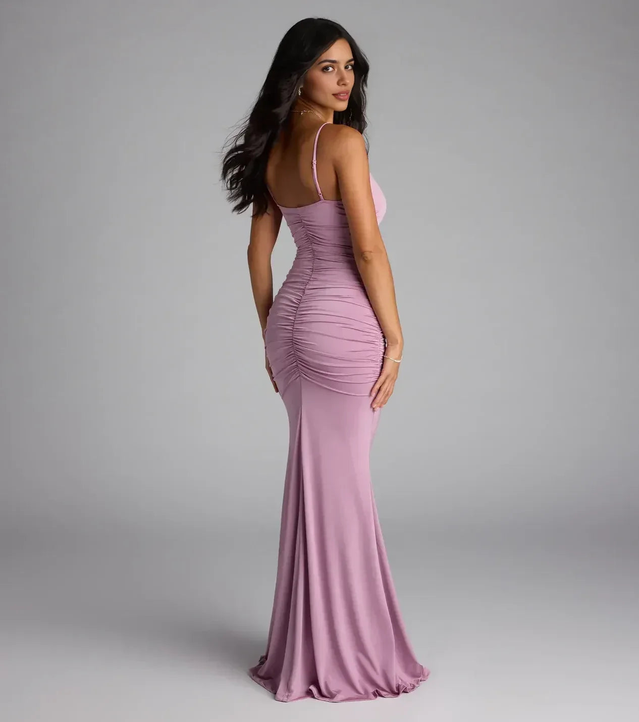 Lovely Trumpet V Neck Spaghetti Strap Ruched Back Floor Length Prom Dress