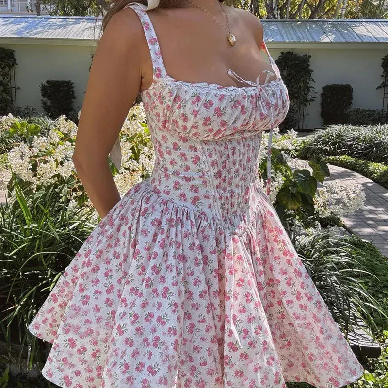 Pink A-Line Off-the-Shoulder Floral Print Trim Short Homecoming Dress
